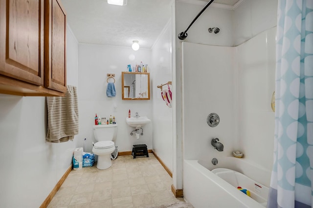 full bathroom with shower / bath combination with curtain, sink, crown molding, toilet, and a textured ceiling