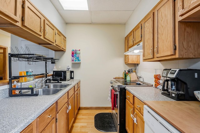 kitchen featuring a drop ceiling, white dishwasher, sink, light hardwood / wood-style flooring, and electric range