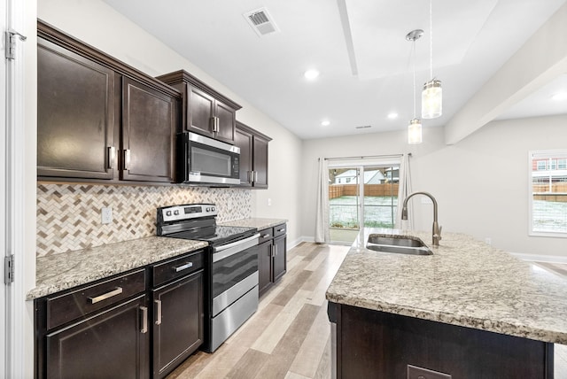 kitchen featuring sink, appliances with stainless steel finishes, an island with sink, pendant lighting, and decorative backsplash