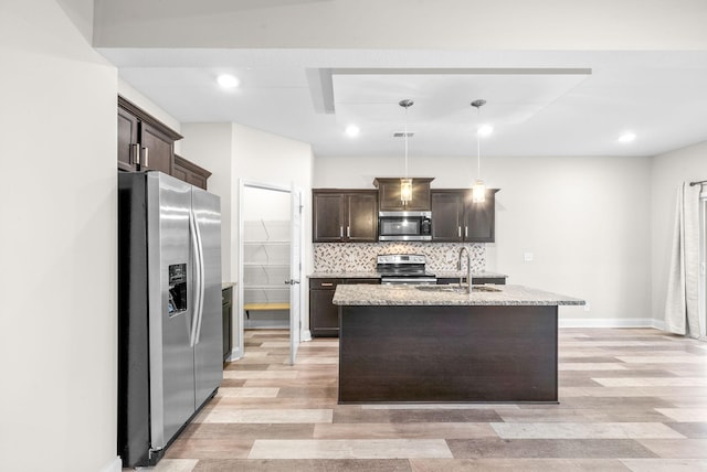 kitchen featuring pendant lighting, an island with sink, sink, backsplash, and stainless steel appliances