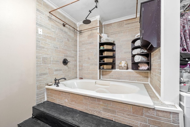 bathroom featuring washtub / shower combination and crown molding