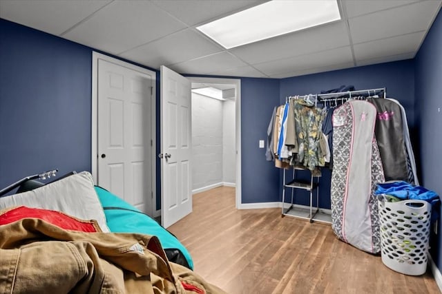 bedroom featuring a drop ceiling and hardwood / wood-style flooring