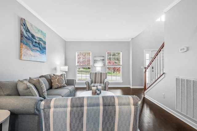 living room featuring crown molding and dark wood-type flooring