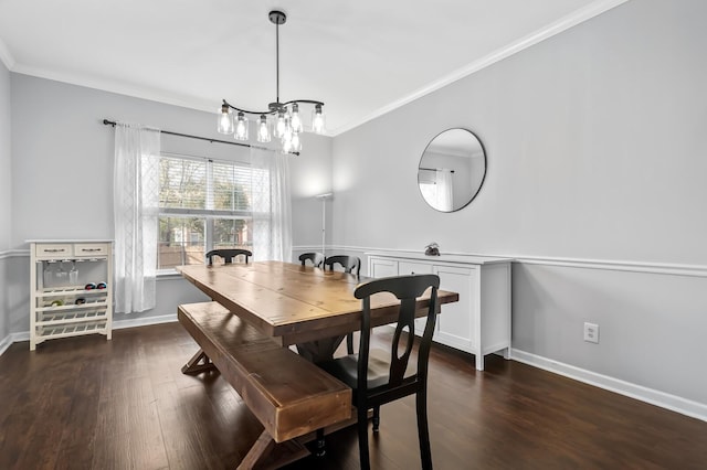 dining space with crown molding and dark wood-type flooring