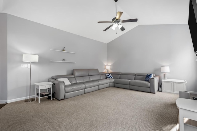 carpeted living room featuring ceiling fan and high vaulted ceiling