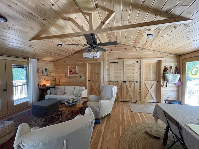 living room with hardwood / wood-style flooring, wood walls, wood ceiling, and vaulted ceiling