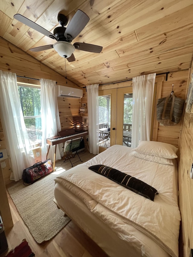 bedroom with access to exterior, wood ceiling, a wall unit AC, ceiling fan, and lofted ceiling