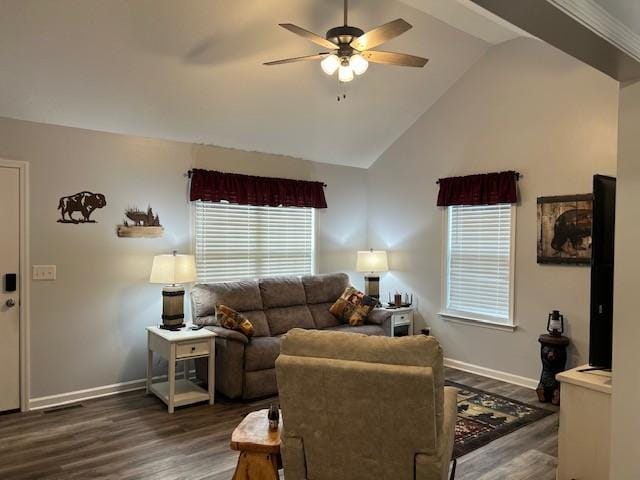 living room with ceiling fan, high vaulted ceiling, and dark hardwood / wood-style floors