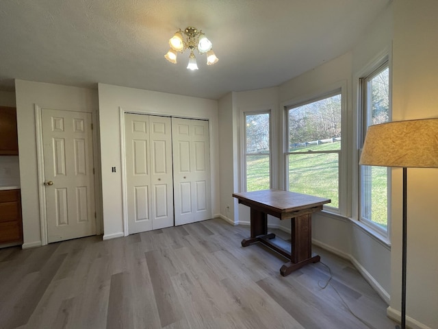 interior space featuring a textured ceiling, light hardwood / wood-style flooring, and a notable chandelier