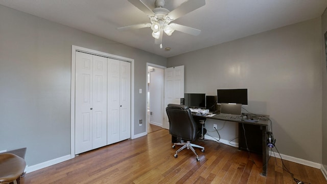 office space featuring hardwood / wood-style flooring and ceiling fan