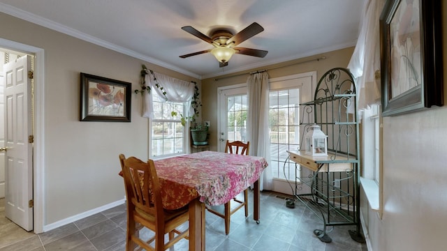 dining room featuring ceiling fan and crown molding