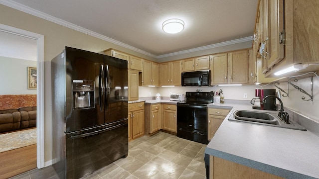 kitchen featuring light brown cabinetry, sink, black appliances, and ornamental molding