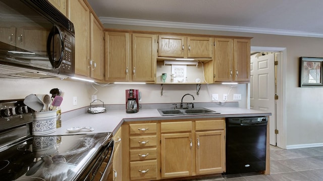 kitchen with light brown cabinetry, sink, black appliances, and ornamental molding