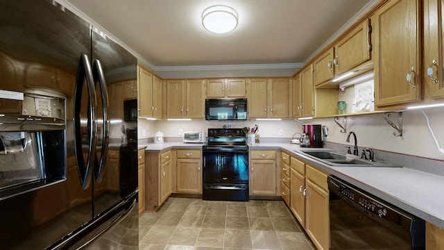 kitchen with light brown cabinetry, crown molding, sink, and black appliances