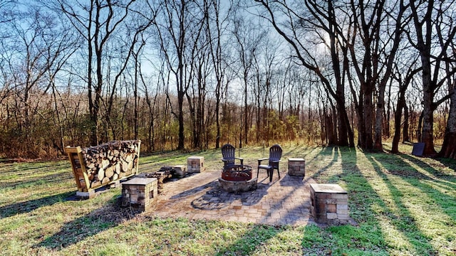 view of yard with a patio area and a fire pit