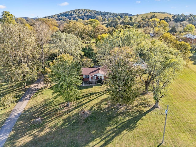 birds eye view of property featuring a mountain view and a rural view