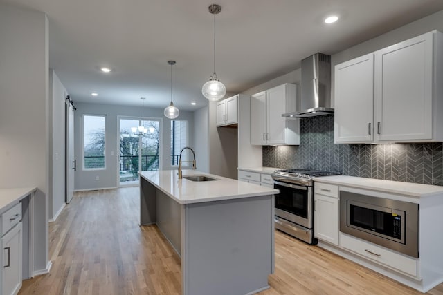 kitchen featuring appliances with stainless steel finishes, a kitchen island with sink, wall chimney exhaust hood, and sink