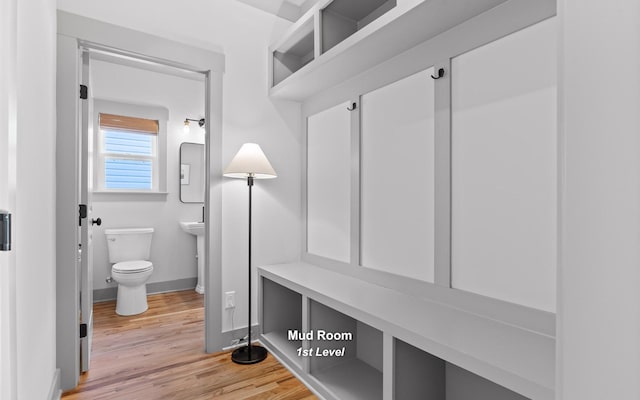 mudroom with light hardwood / wood-style flooring