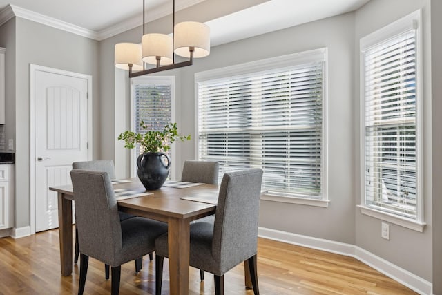 dining room with plenty of natural light, ornamental molding, and hardwood / wood-style flooring