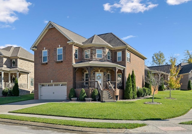 view of front of property with a front yard, a porch, and a garage