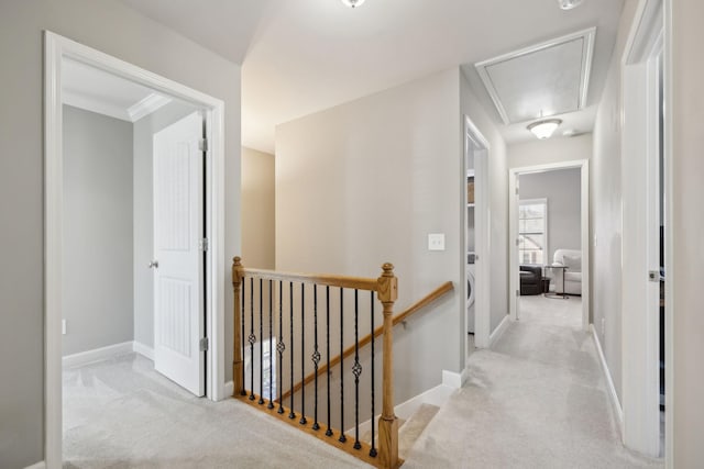 hallway with light colored carpet and crown molding