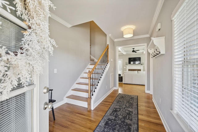 entryway with ceiling fan, hardwood / wood-style floors, and ornamental molding