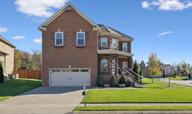 view of front property featuring central AC unit, a garage, and a front lawn