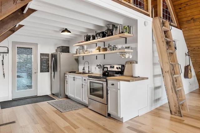 bar with white cabinetry, sink, stainless steel appliances, butcher block countertops, and light wood-type flooring