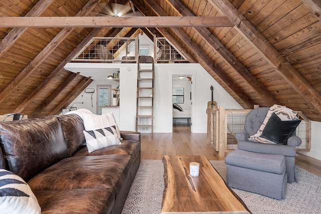 living room with wood ceiling, lofted ceiling with beams, and light wood-type flooring