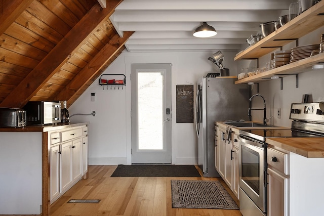 kitchen with stainless steel electric stove, lofted ceiling with beams, white cabinetry, and light hardwood / wood-style flooring