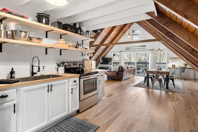 kitchen featuring stainless steel electric stove, lofted ceiling with beams, white cabinets, sink, and light hardwood / wood-style floors