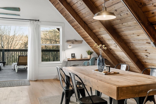 dining room with lofted ceiling with beams, light hardwood / wood-style flooring, and wood ceiling