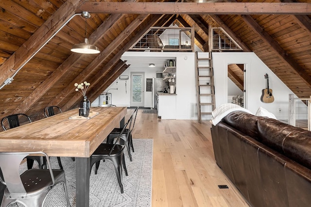 interior space featuring wood ceiling, lofted ceiling with beams, and light hardwood / wood-style floors