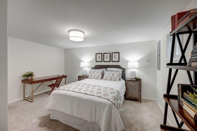 bedroom featuring light carpet