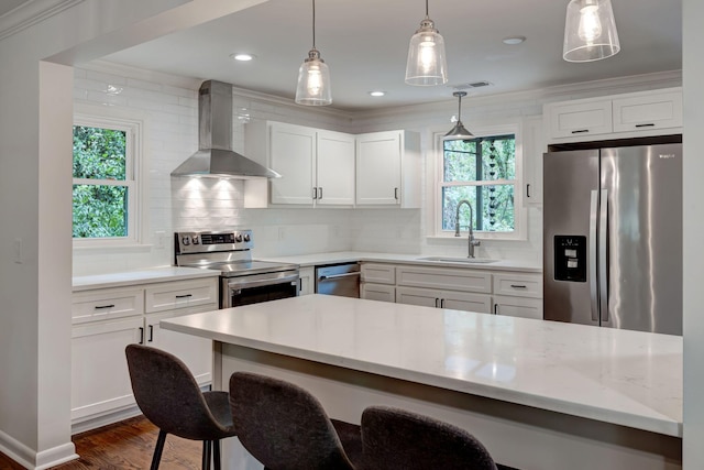 kitchen with wall chimney exhaust hood, a healthy amount of sunlight, sink, and appliances with stainless steel finishes