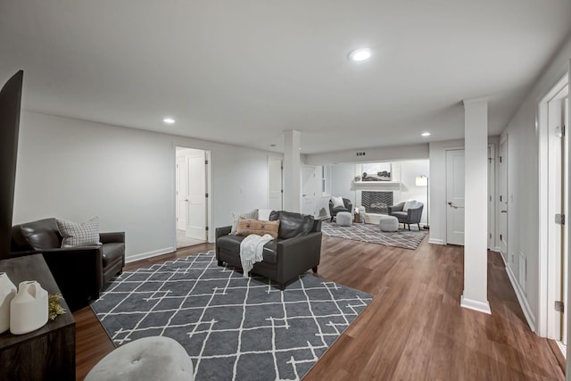 living room with dark wood-type flooring