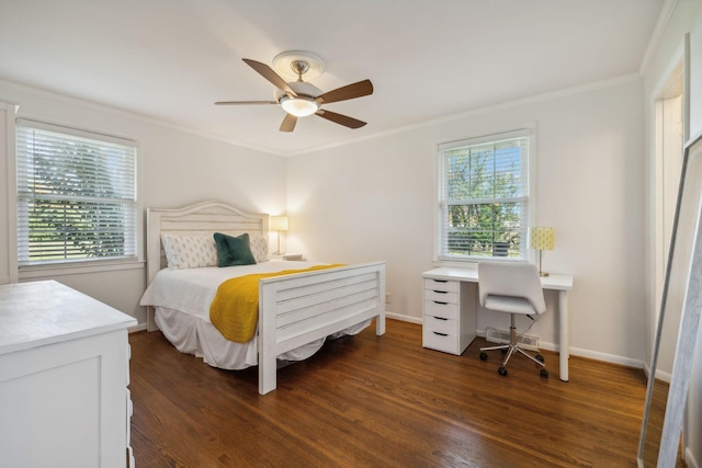 bedroom with ceiling fan, dark hardwood / wood-style flooring, and ornamental molding