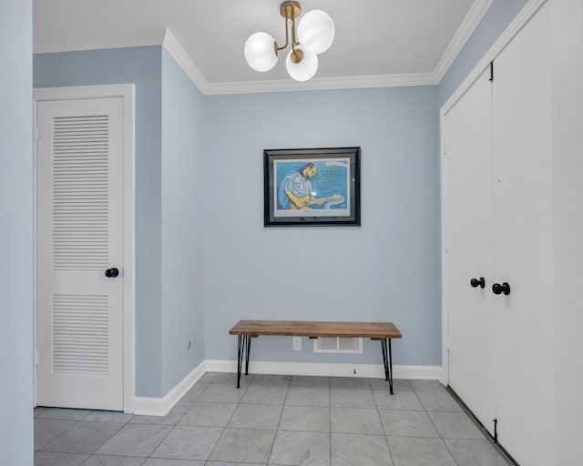 interior space with crown molding, light tile patterned floors, and a chandelier