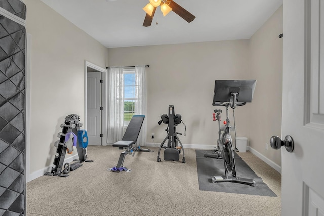 exercise area with carpet and ceiling fan