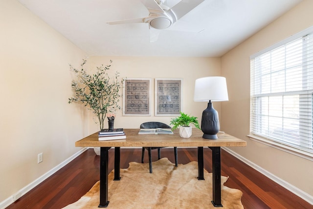 office featuring hardwood / wood-style flooring and ceiling fan