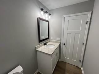 bathroom featuring hardwood / wood-style flooring and vanity