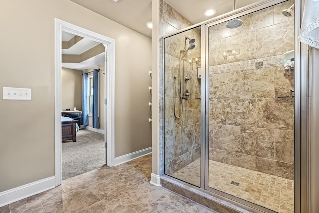 bathroom featuring tile patterned floors and an enclosed shower