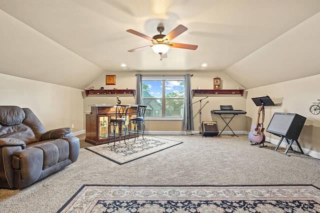 interior space featuring ceiling fan and vaulted ceiling