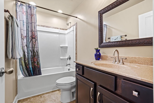 full bathroom featuring tile patterned floors, vanity, toilet, and shower / tub combo with curtain