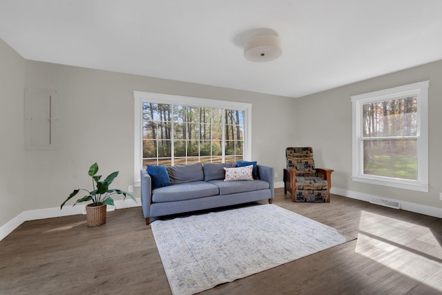 living room with light wood-type flooring, electric panel, and a wealth of natural light