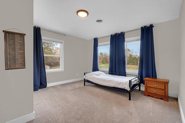 bedroom with multiple windows and carpet