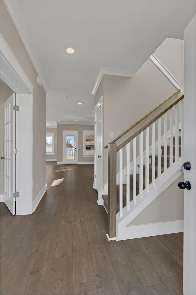 interior space with crown molding and dark wood-type flooring