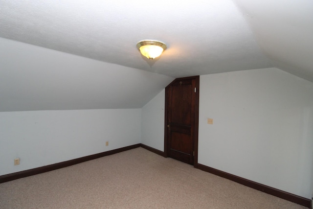 additional living space with light carpet, a textured ceiling, and vaulted ceiling