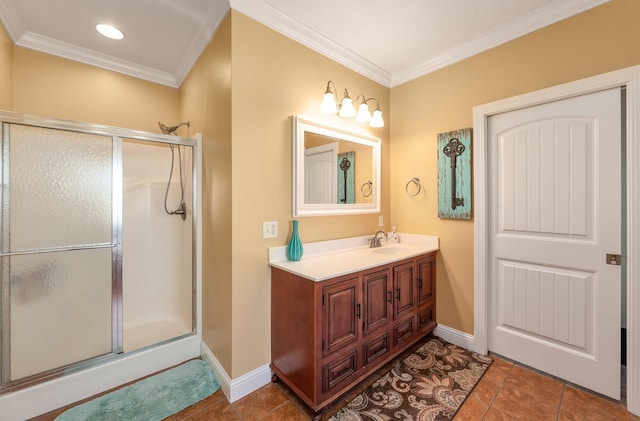 bathroom with tile patterned floors, crown molding, vanity, and an enclosed shower