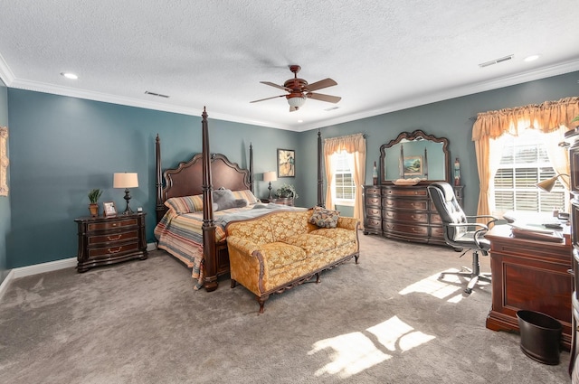 bedroom with a textured ceiling, ceiling fan, ornamental molding, and light carpet